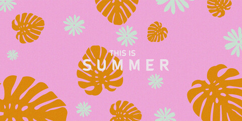 A playful tropical summer background featuring orange monstera and mint palm leaves scattered on a vibrant pink background. Includes centered text that says "This is SUMMER" in bold white font. Ideal 