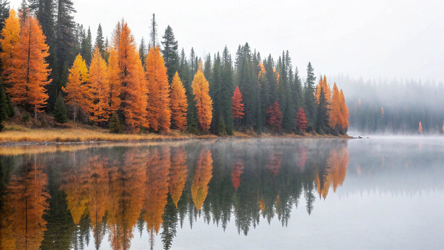 Misty autumn lake with golden larch trees and perfect reflection - Powered by Adobe