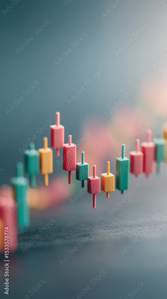Poster modern digital stock market chart with colorful candlesticks showing volatility and technical analys