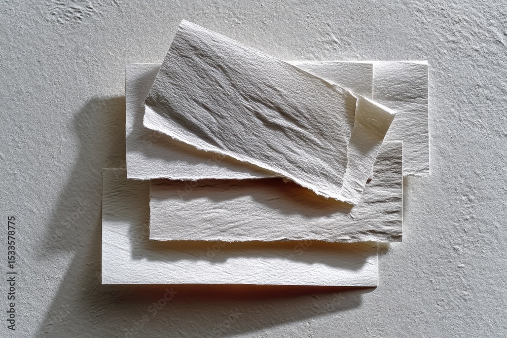 Poster Post-analog textured white paper pieces with rough edges on textured surface for creative material design and modern artistic branding concepts