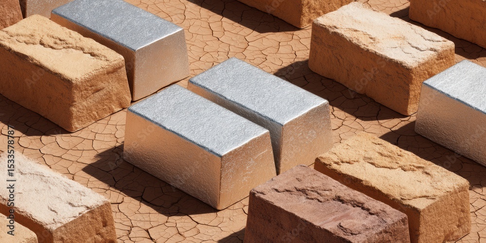 Poster Modern Commodity Investment Concept with Precisely Stacked Metal Ingots Showing Varying Textures for Wealth Preservation and Inflation Protection Strategies