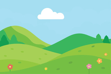 Fototapeta premium Vibrant summer landscape vector with green grass, blue sky, and majestic mountains under a sunny, cloudy view