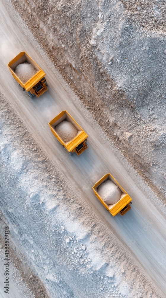 Poster Aerial View of Massive Mining Trucks Transporting Oilsand at Extraction Site, Industrial Scale Petroleum Resource Development for Energy Industry