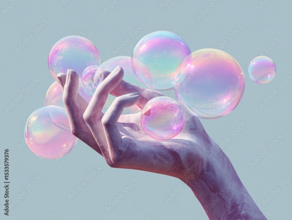 Poster Digital Marble Hand Art with Iridescent Floating Bubbles in Modern Minimalist Style Symbolizing Creativity and Tech-Inspired Aesthetics