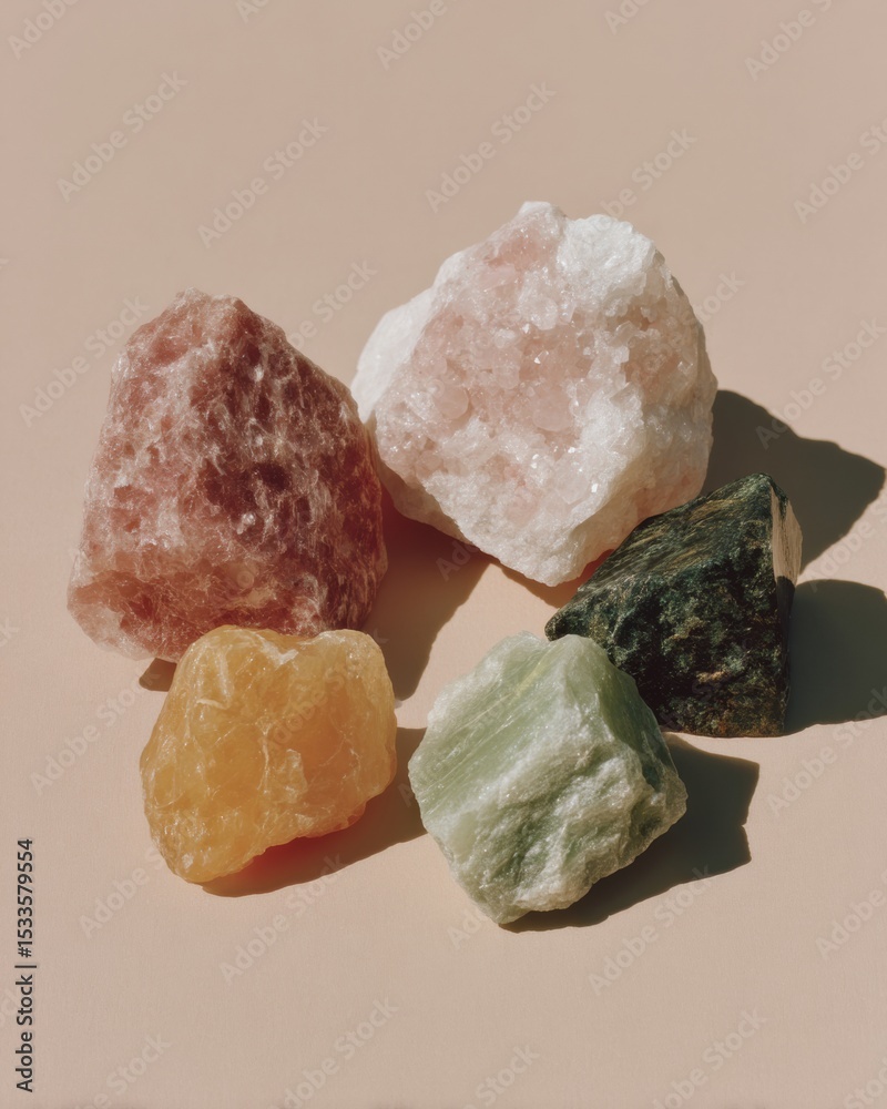 Aufkleber raw mineral nuggets collection on neutral surface with varying textures for commodity investment and