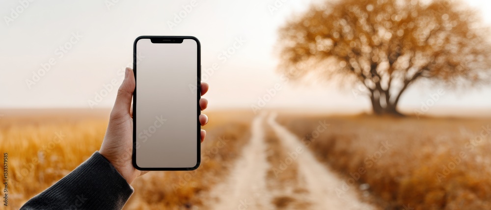 Poster minimalistic mobile device mockup held by person in dark clothing with blank screen, showcasing slee