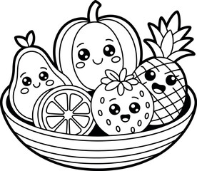 A basket of fruity friends! This adorable kawaii coloring page features a cheerful group of smiling fruits, including a pumpkin, pear, pineapple, strawberry, and orange slice, all nestled together.