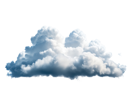 Fluffy white cloud isolated on a bright white background with a soft and serene appearance, perfect for use in creative design and digital art projects