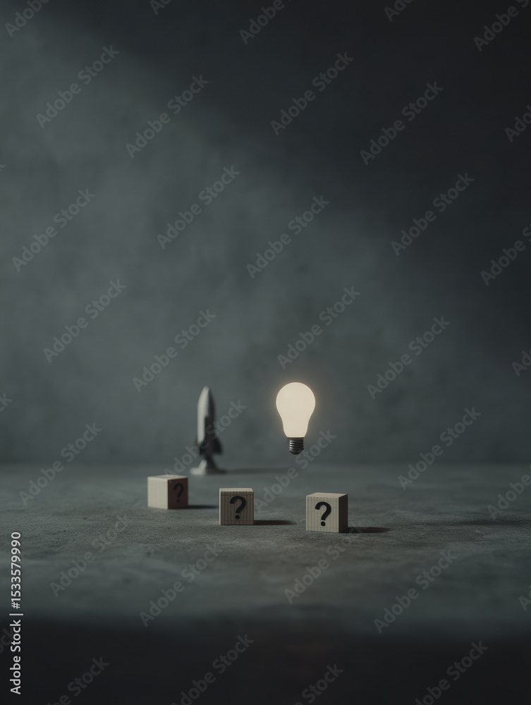 Poster Minimalist Liftoff Concept with Light Bulb and Rocket on Textured Surface for Business Innovation and Problem-Solving Visual