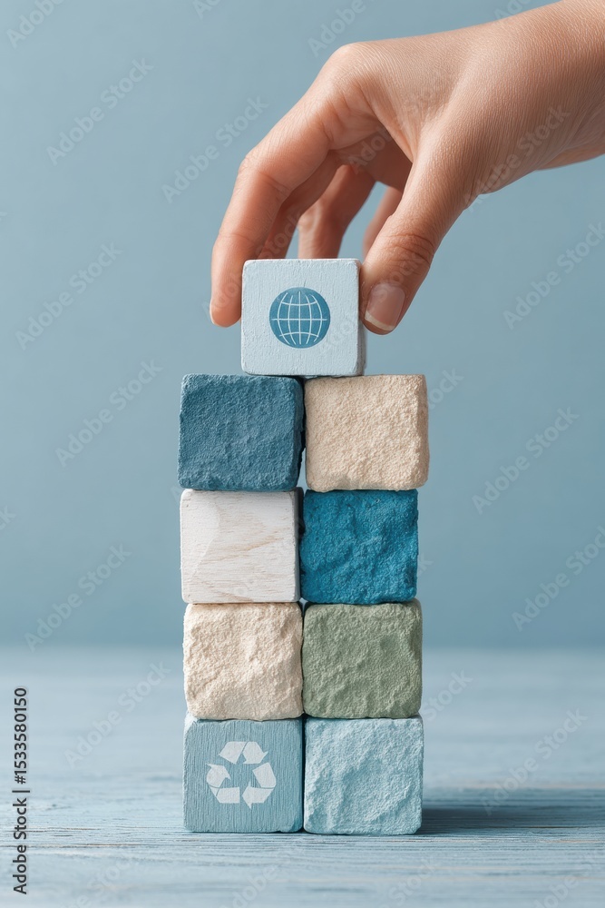 Poster sustainable lifecycle analysis concept with hand placing wooden cube featuring globe icon on stacked