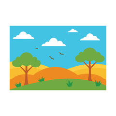 Fototapeta premium Green summer landscape with trees, blue sky, and white clouds