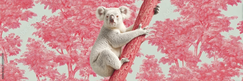 Poster koala perched in eucalyptus tree with textured bark and leafy surroundings for wilderness travel and