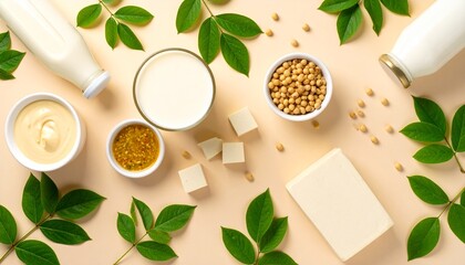 Soy Products Flatlay Milk Tofu Soybeans and Sauces Healthy Vegan Food Concept
