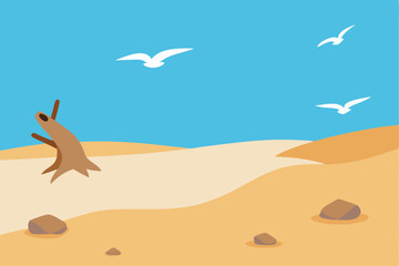 Fototapeta premium Tropical beach vector with birds flying over the ocean at sunset