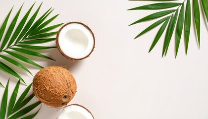 Fresh Coconuts and Palm Leaves on Beige Background Tropical Summer Theme