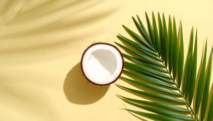 Halved Coconut with Palm Frond on Yellow Background Summer Tropical Vibe