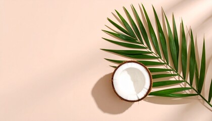 Tropical Summer Still Life Half Coconut and Palm Leaf on Beige Background