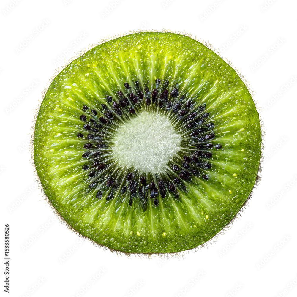 Poster Vibrant kiwi slice displaying juicy texture and unique pattern with a white backdrop