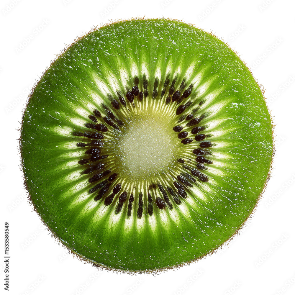 Poster Close-up Translucent Kiwi Slice Displaying Internal Structure on White Backdrop