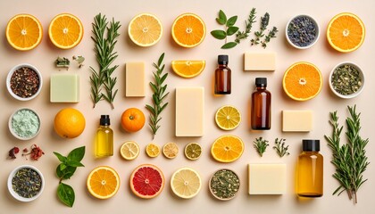 Natural Handmade Soap Citrus and Herbal Bath Products Flat Lay