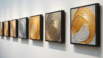 Modern abstract gold and gray swirl paintings displayed in gallery