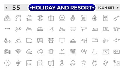 Holiday and Resort outline icon set. Summer travel icon set. holiday tour icons for app and website containing hotel sun camp mountain drink plane island.
