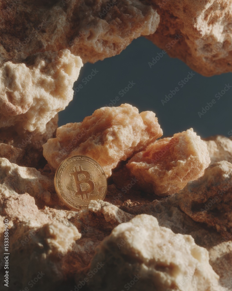 Poster gold bitcoin coin in crystalline cave surroundings representing digital mining and limited cryptocur