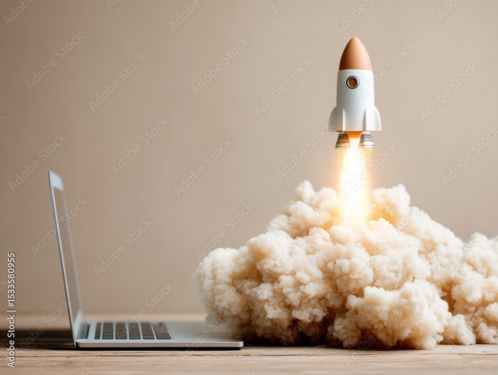 Poster minimalist hardware startup rocket launching from laptop with dramatic cloud trail symbolizing tech 