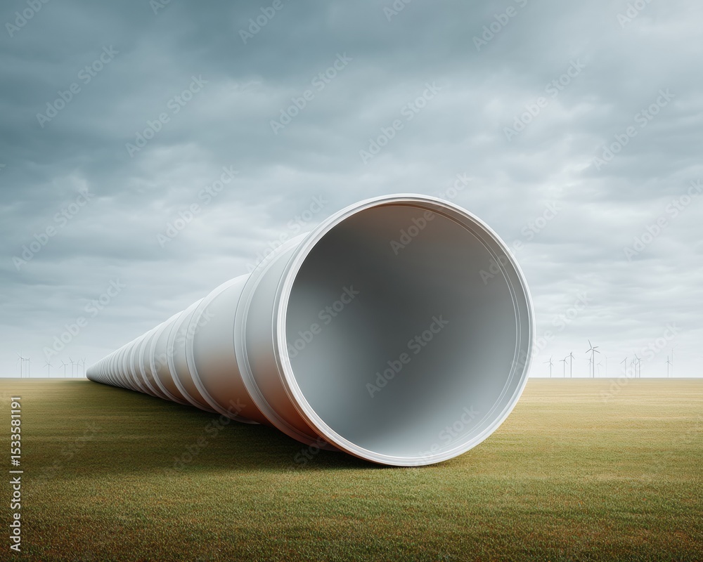 Poster clean energy infrastructure with metallic hydrogen pipeline and wind turbines in grassy field for su