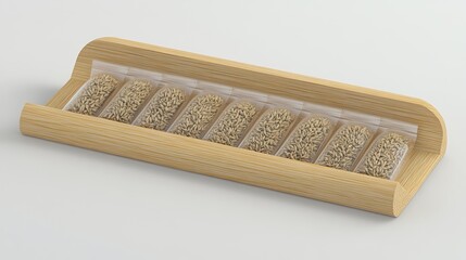 Wooden dispenser holding small, sealed pouches of beige grains
