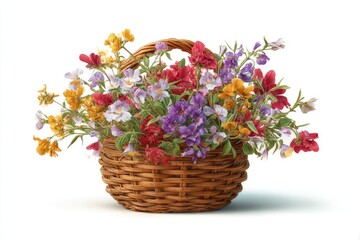 A wicker basket overflowing with a vibrant bouquet of wildflowers in shades of red, purple, yellow, and white, set against a stark white background