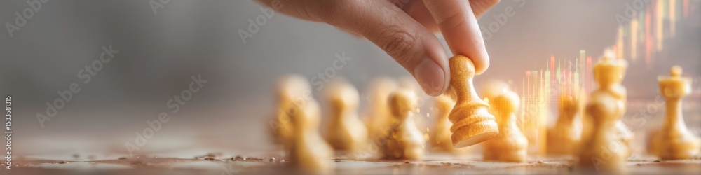 Poster strategic business concept hand moving chess piece with digital market data overlay for investment a
