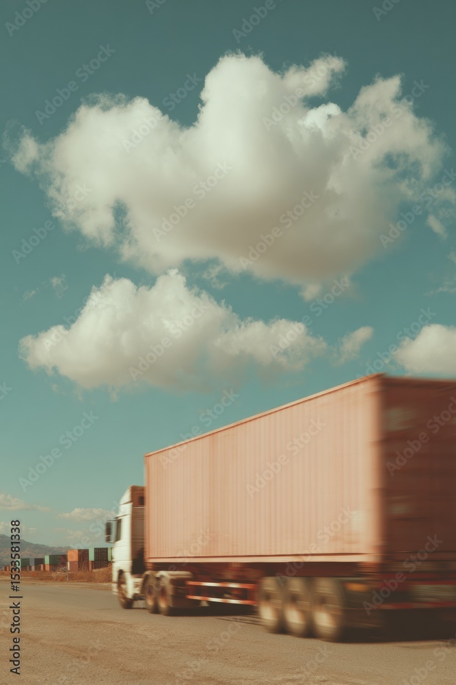 Poster dynamic freight forwarding logistics with trucks and container transport in motion under blue sky - 