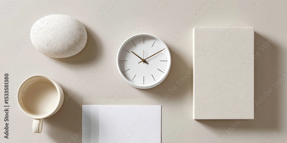 Aufkleber minimalist office flatlay with clock, cup, and planner representing flexible work scheduling and str