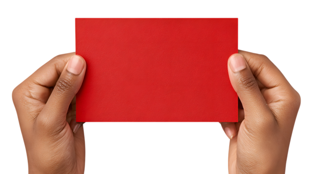 Hands holding a blank red card against a demonstrating concept of presentation business communication and marketing isolated on white transparent background PNG cutout - Powered by Adobe
