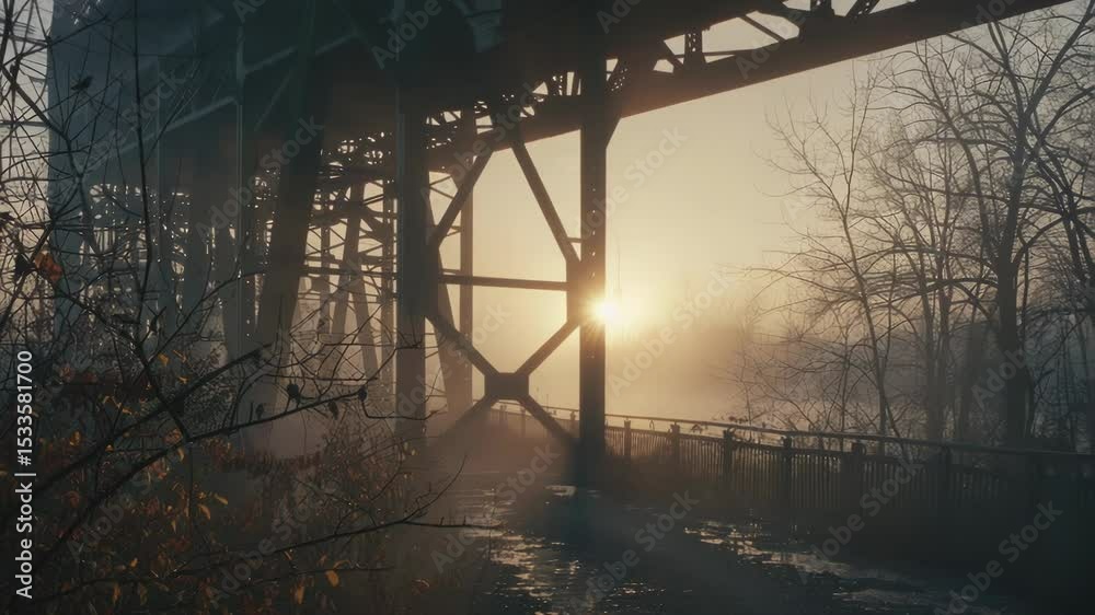 Aufkleber a serene scene of a bridge surrounded by fog as the sun sets in the background
