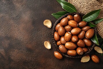 Argan nuts and leaves arranged naturally to highlight their textures and uses