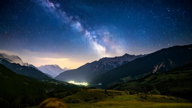 Young boy looking at Milky Way Galaxy over scenic mountain range at night in countryside