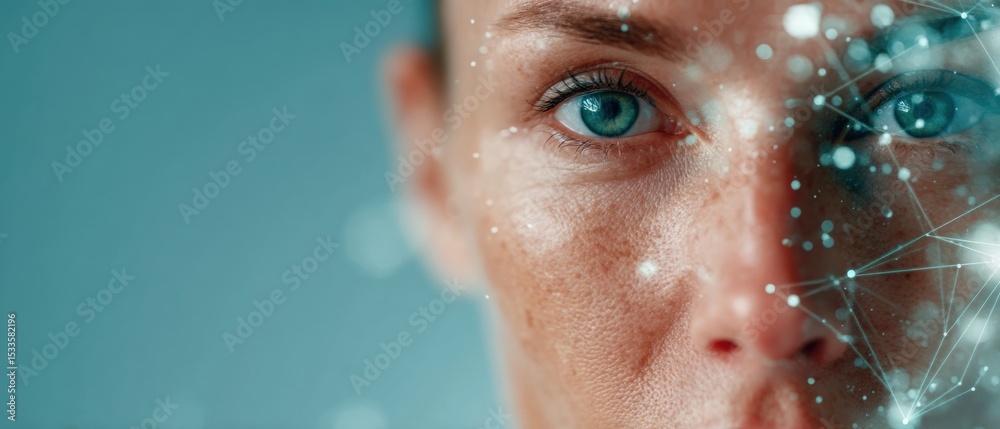 Aufkleber Close-up Digital Passport with Biometric Facial Recognition on German ID Card Showing Tech Mesh and Particle Effects for Secure Identity Verification
