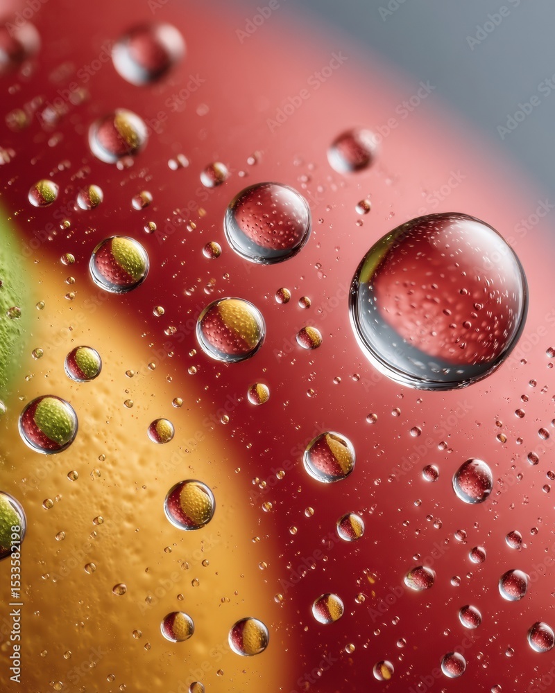 Poster close-up of dew point condensation droplets on glass with vivid color reflections highlighting atmos