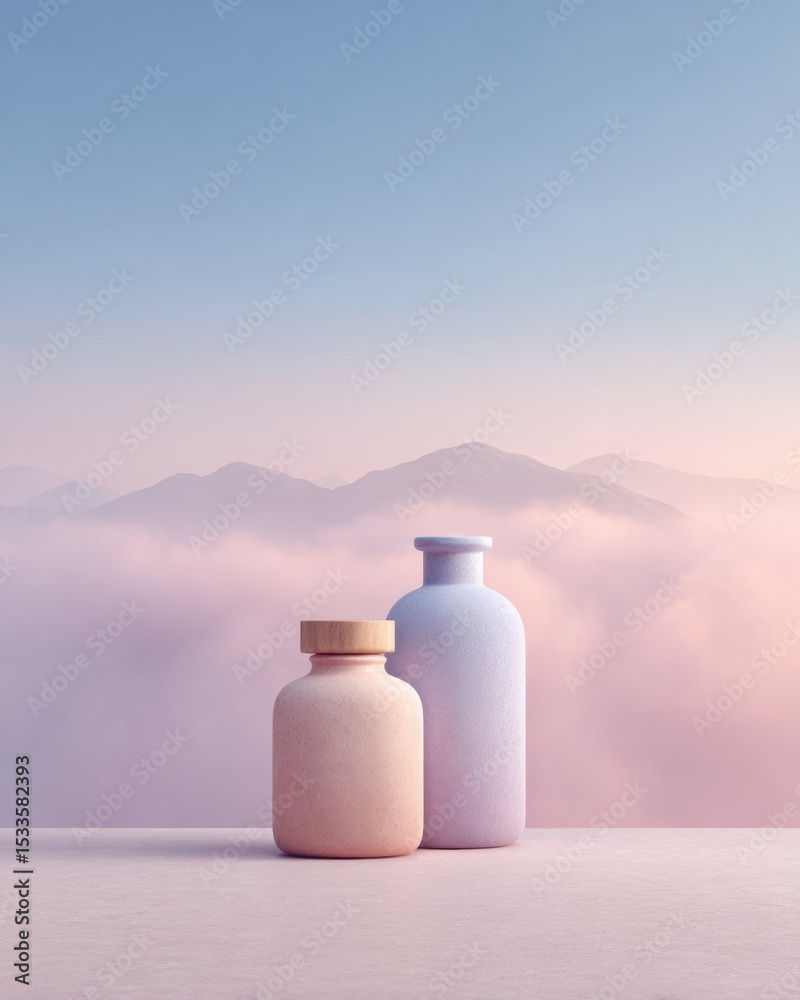 Poster minimalist cosmetic jars with rounded shapes on soft surface against misty mountain pastel sky for i