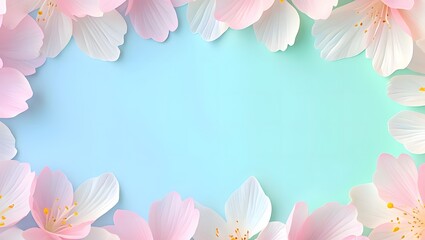 Fototapeta premium Pink and white cherry blossoms frame pastel blue background, floral design