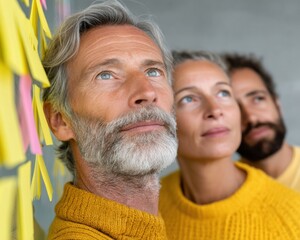 Collaborative Business Backup Planning by Diverse Executive Team Using Sticky Notes and Flowcharts in Bright Modern Office for Innovation and Focus