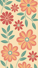 Retro floral pattern design with stylized flowers and green leaves arrangement