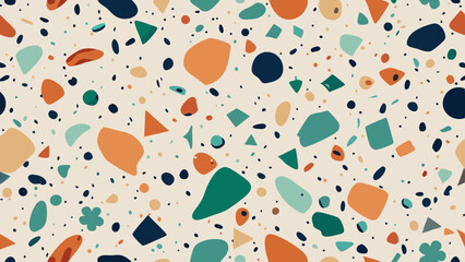 Seamless terrazzo style pattern with abstract shapes in earth tone color palette