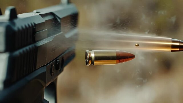 Close up view of an automatic gun firing a bullet with detailed smoke and motion effects in focus, Close up of an automatic gun firing a bullet, Ultra Slow Motion
