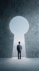 Obraz premium Modern businessman unlocking future potential standing before giant keyhole with city skyline and question marks, symbolizing opportunity and career growth