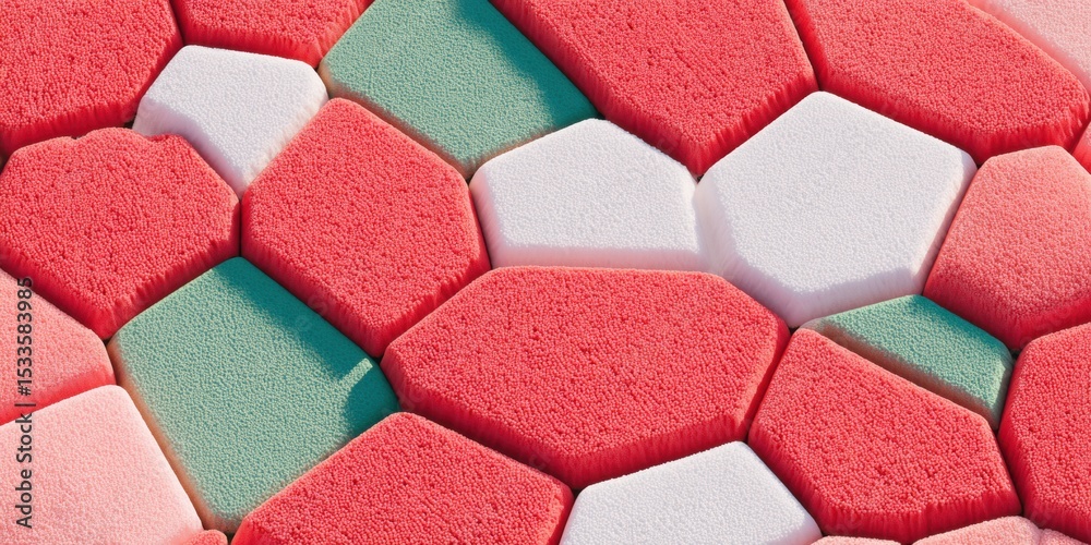 Poster abstract hexagonal foam texture in pastel pink, red, green and white colors with soft modern aesthet