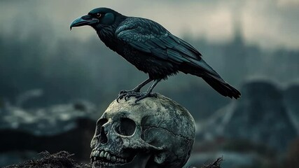 Dark raven perched on a skull in an eerie landscape at dusk, Raven perched on a skull at dusk in a dark, eerie landscape
