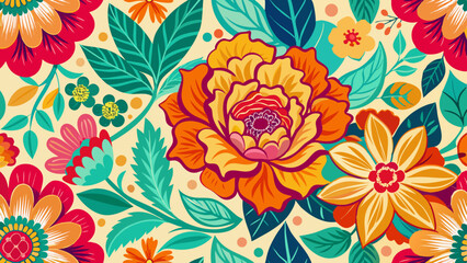 Vibrant floral pattern with lush flowers and leaves for seamless design projects